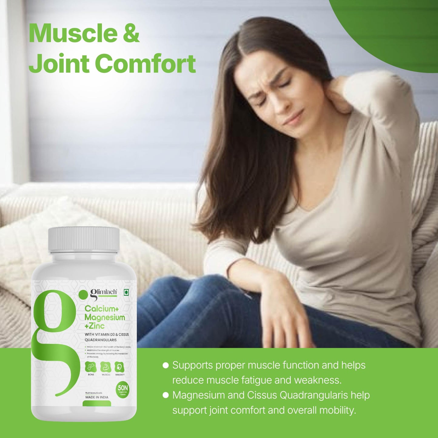 GLIMLACH Calcium Magnesium Zinc with Vitamin D3 | Nutrient Tablets for Men and Women | Combination of Minerals and Vitamin D3 Tablets | Mineral and Vitamin Tablet Pack | 50 Tablets Pack
