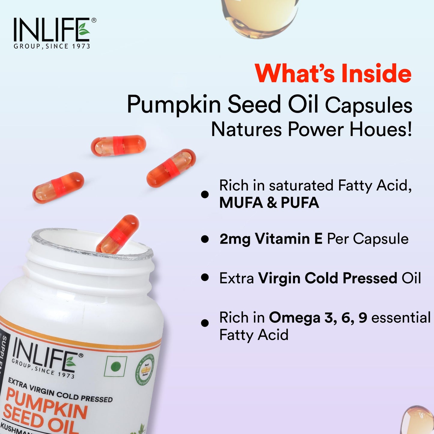 INLIFE Pumpkin Seed Oil, Extra Virgin Cold Pressed, Plant Based Phytosterols, Hair & Prostate Health, Men Women, 60 Veg Capsules