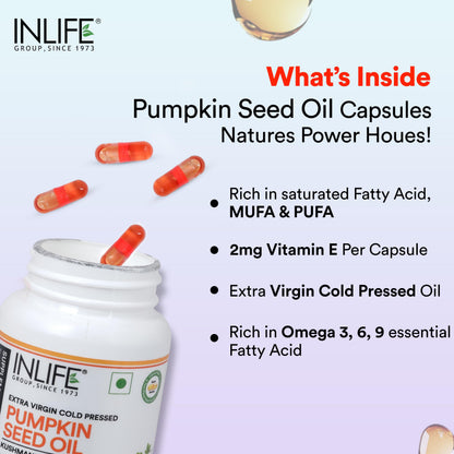 INLIFE Pumpkin Seed Oil, Extra Virgin Cold Pressed, Plant Based Phytosterols, Hair & Prostate Health, Men Women, 60 Veg Capsules