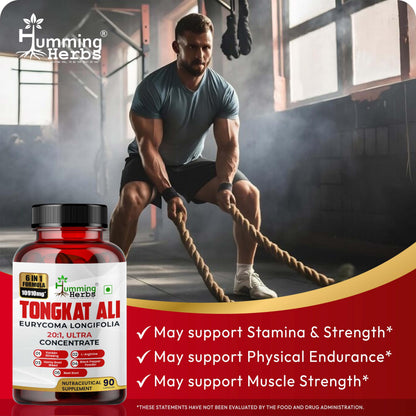 Humming Herbs Tongkat Ali Eurycoma Longifolia 6-in-1 Blend with Korean Ginseng, Horny Goat Weed, L-Arginine, Black Pepper Powder, and Beet Root for Men's Health