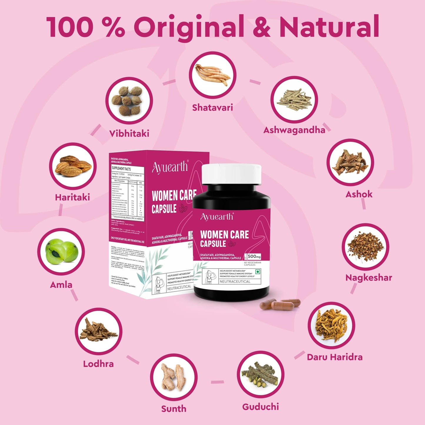 Ayuearth Women Care Capsule 500 mg | Women Wellness | Multiherbal Capsule | Support Female Immune System | Promotes Energy Levels | Restore Hormonal Balance | 60 Veg Capsules