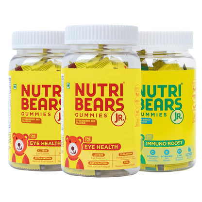 NutriBears Kids Eye and Immne Gummies for Kids and Teens, 3 Combo Pack of 90 Gummy Chewables, Strawberry and Raw Mango Flavour, Natural Gelatin Free Vegetarian Supplement for Strong Bones and Immunity