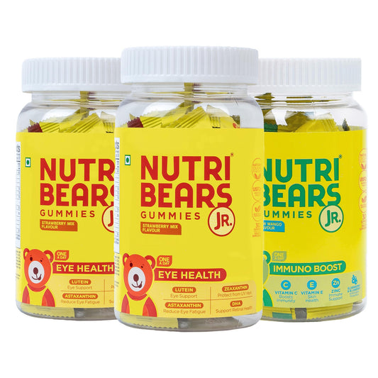 NutriBears Kids Eye and Immne Gummies for Kids and Teens, 3 Combo Pack of 90 Gummy Chewables, Strawberry and Raw Mango Flavour, Natural Gelatin Free Vegetarian Supplement for Strong Bones and Immunity