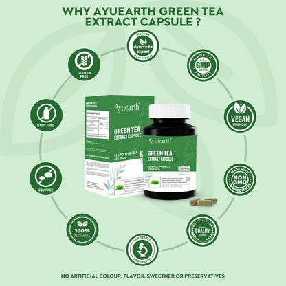 Ayuearth Green Tea Extract Capsule 500mg | 95% Plyphenols, 45% EGCG Extract | Camellia Sinessis | Anti Oxidant | 60 Veg Capsule