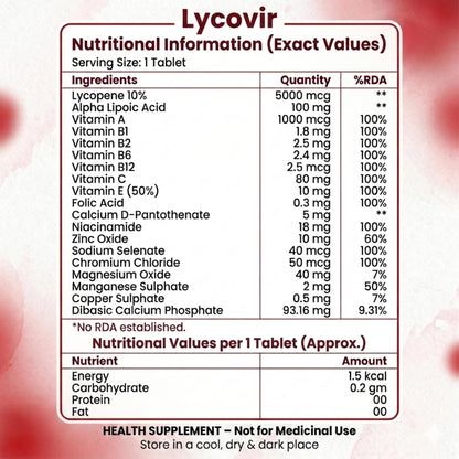 Virgo Healthcare Lycovir Lycopene & Essential Vitamins Tablets | Antioxidant Supplement with Lycopene, Multivitamins | Daily Nutritional Support, Immune Health & General Wellness | 5 x 10 Tablets