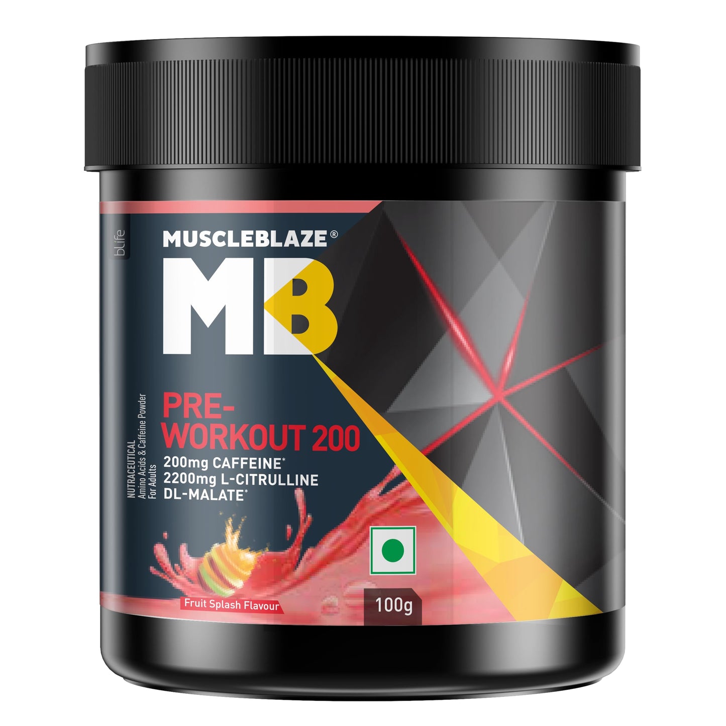 MuscleBlaze Pre Workout 200 (Fruit Splash, 16 servings, 100g) | 200mg Caffeine,