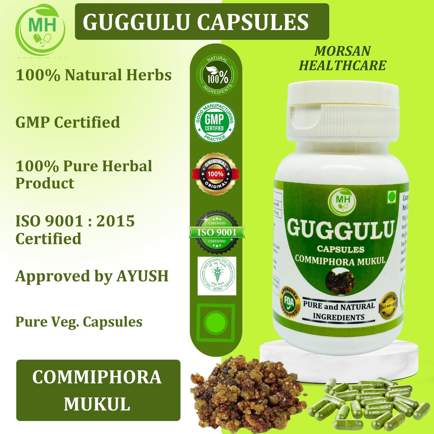 Morsan's Guggulu (Commiphora mukul) Capsules, Pack of 2 x 60 x 500 mg. Veg. Capsules (2)