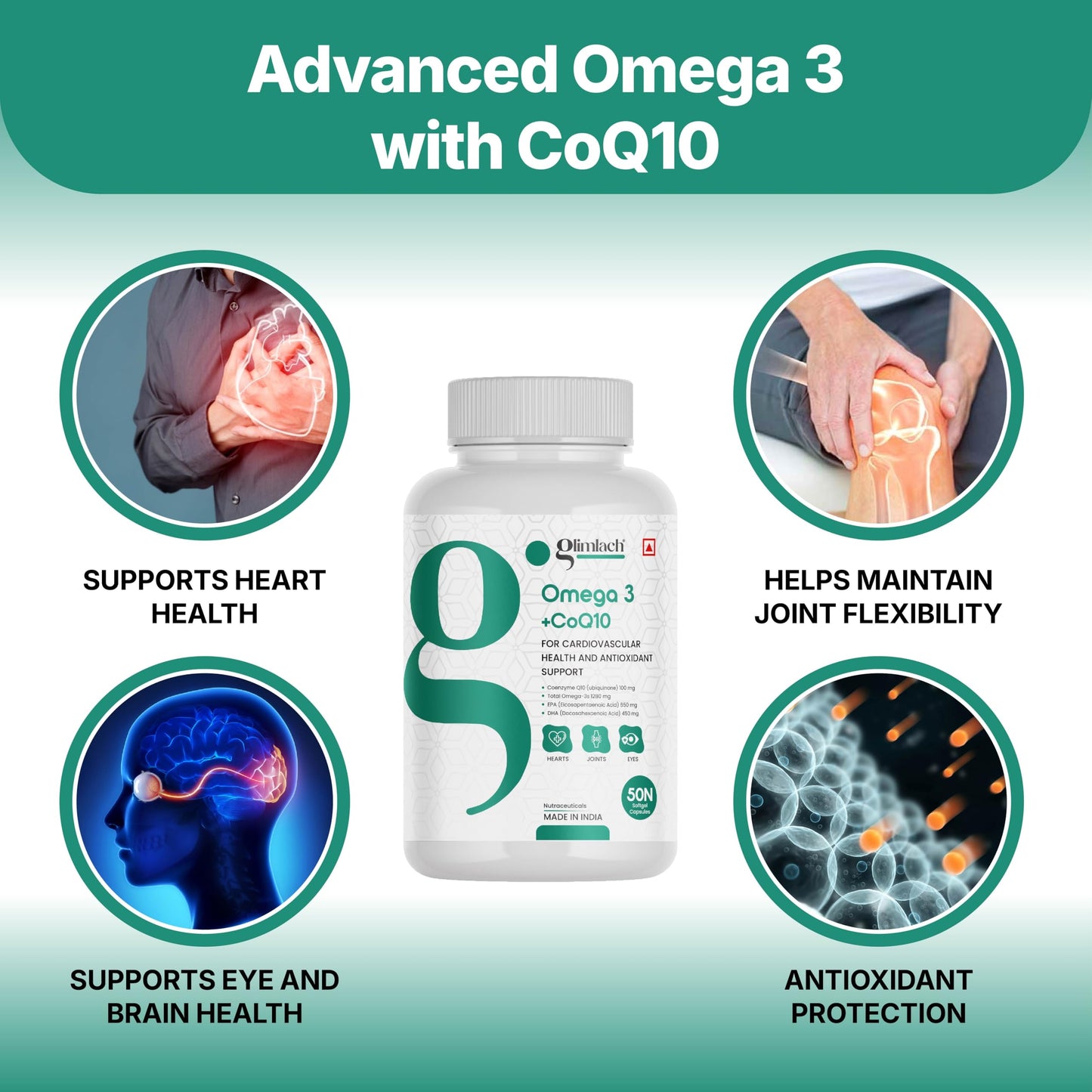GLIMLACH Omega + CoQ10, 50 Soft Gels, 1280 mg Omega-3 + 100 mg CoQ10, Heart Health, Cellular Energy, Antioxidant Support | Fish Oil Omega-3 and CoQ10 Capsule Blend - 25 Servings