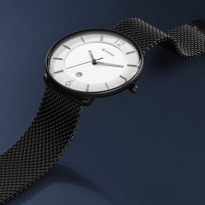 Titan Minimalist Quartz Analog with Date White Dial Black Stainless Steel Strap Watch for Men - NT1849NM01