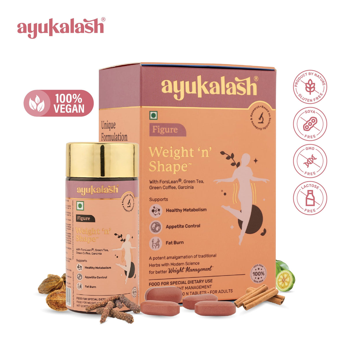 Ayukalash Weight ‘n’ Shape Tablets (30) – L-Carnitine, Garcinia, Green Tea & Green Coffee, Vegan – Men & Women