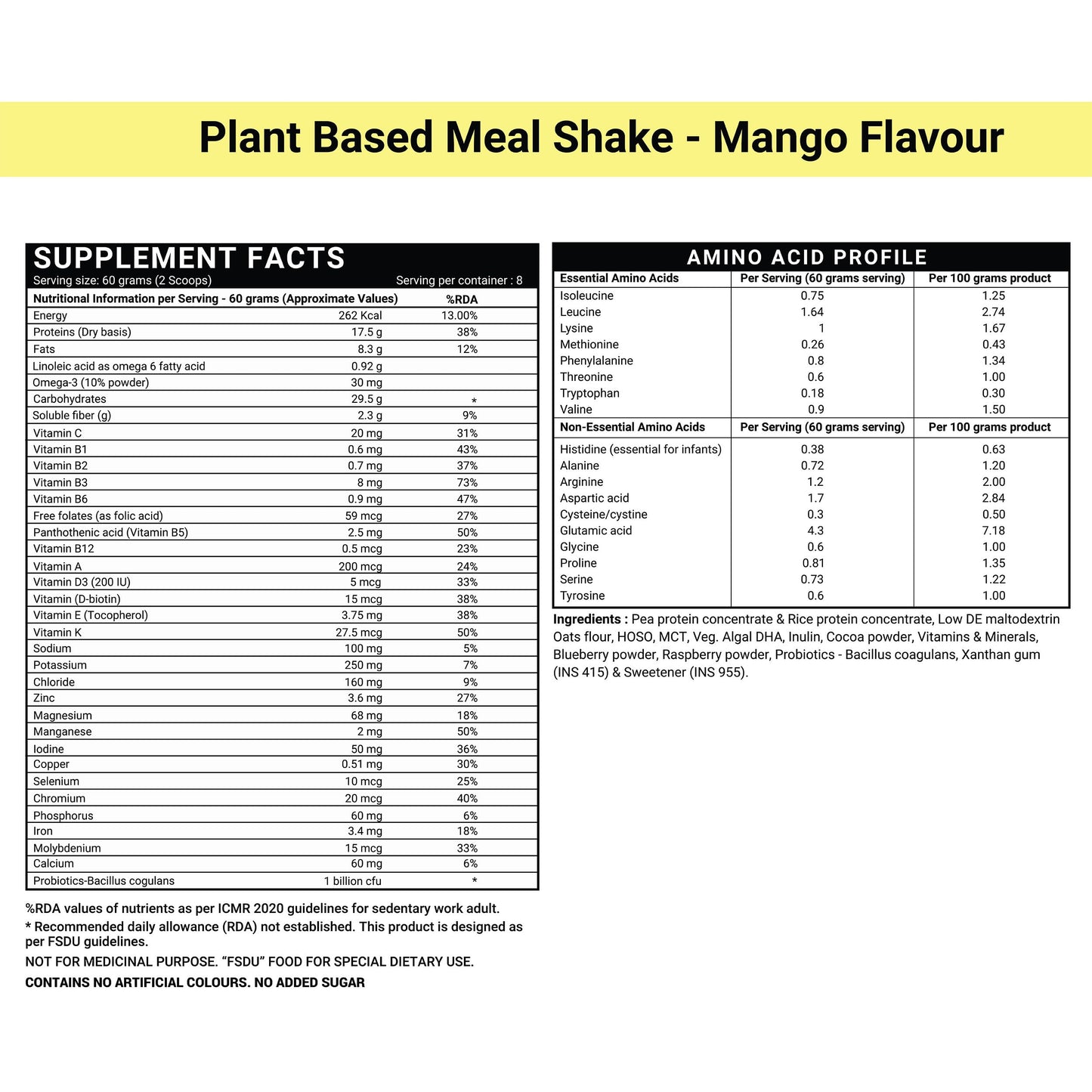 INLIFE Plant Based Meal Replacement Shake | Plant Protein Powder (17.5g Protein), Lactose Free | Added Probiotics, 500g (Mango)