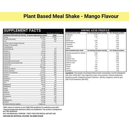 INLIFE Plant Based Meal Replacement Shake | Plant Protein Powder (17.5g Protein), Lactose Free | Added Probiotics, 500g (Mango)