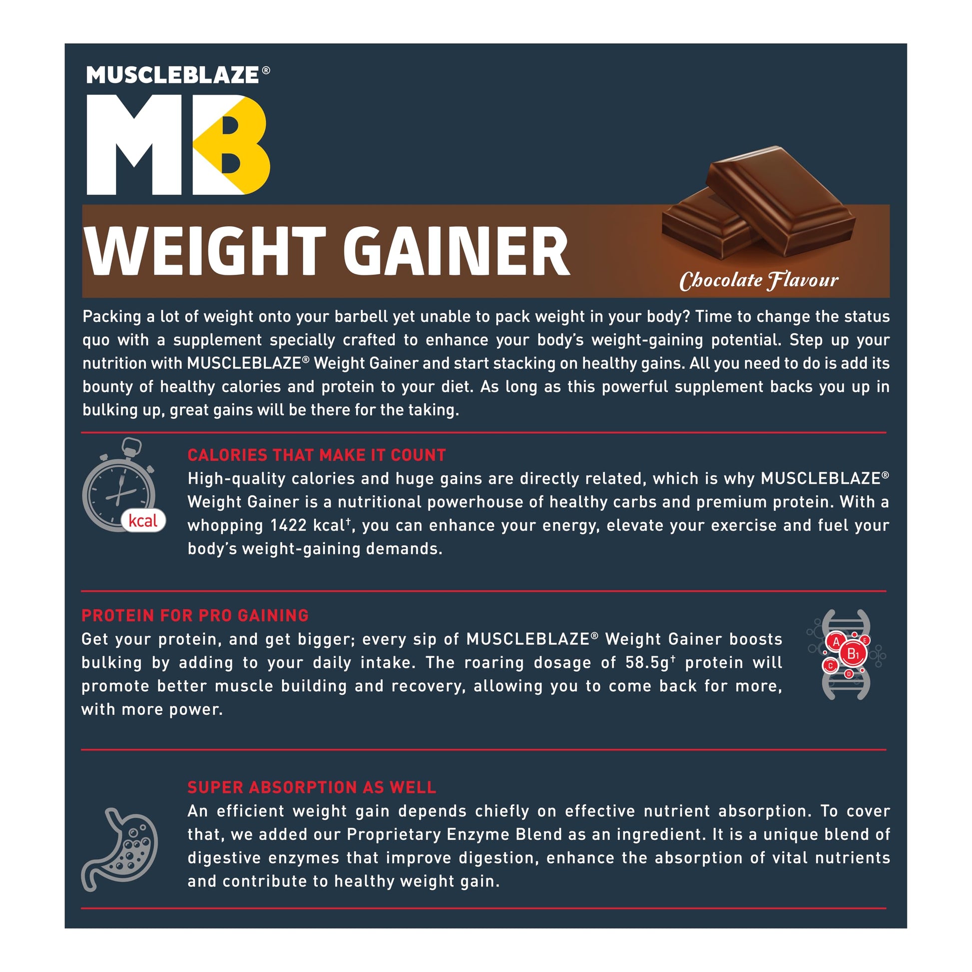 MuscleBlaze Weight Gainer with Added Digezyme (Chocolate, 1kg / 2.2lbs,- image 4