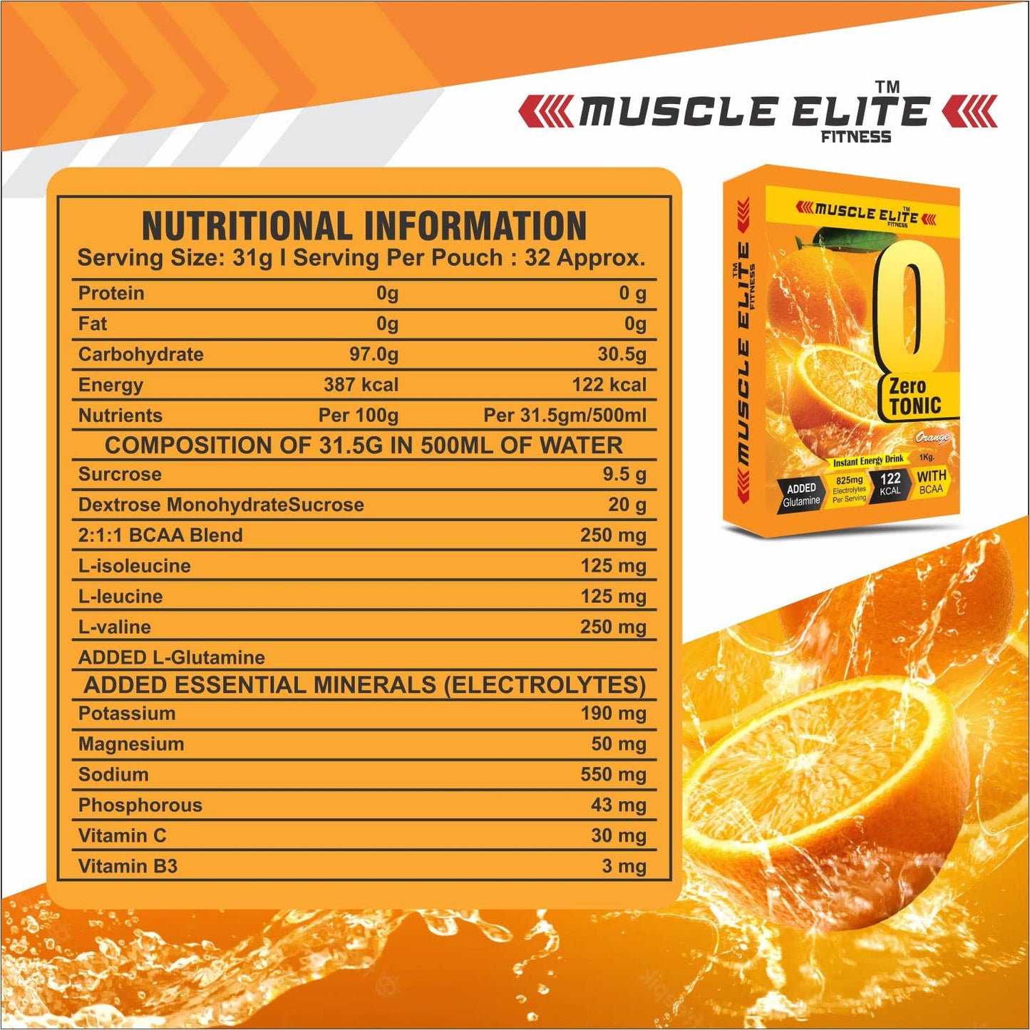 MUSCLE ELITE FITNESS Zero Tonic Instant Energy Drink Pre-Workout Electrolyte Energy Drink BCAA, Monohydrate and L-Glutamine Sports Supplement | 825mg Electrolytes [32 Servings] X1 Orange