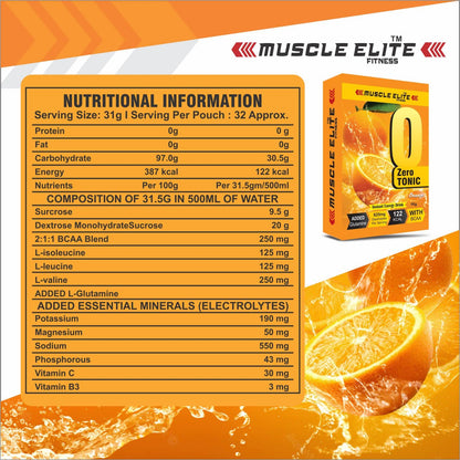 MUSCLE ELITE FITNESS Zero Tonic Instant Energy Drink Pre-Workout Electrolyte Energy Drink BCAA, Monohydrate and L-Glutamine Sports Supplement | 825mg Electrolytes [32 Servings] X1 Orange