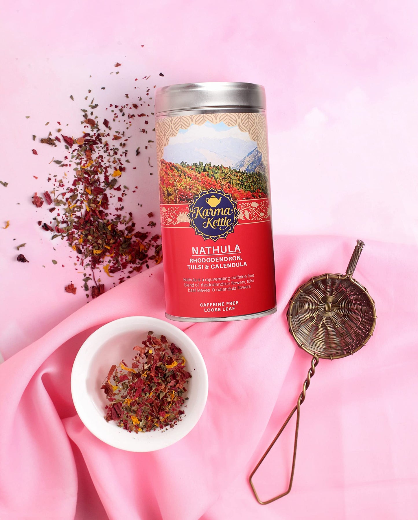 Karma Kettle Nathula Caffeine Free Tea with Rhododendron, Tulsi & Marigold, 50 GMS Loose Leaf in Tin, 50 g