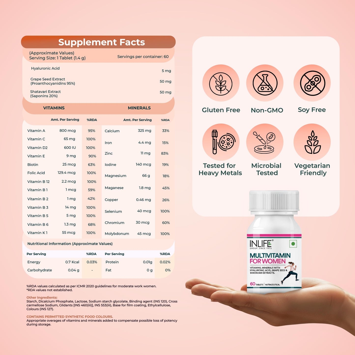INLIFE Women's Multivitamin Tablets | 60 Tablets | Enriched with Zinc, Vitamin C, Vitamin D, and Essential Multiminerals (Pack of 1)