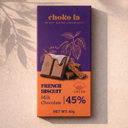 Chokola French Biscuit 45% Milk Chocolate Bar – Creamy Milk Chocolate with Crunchy Biscuit, 80g