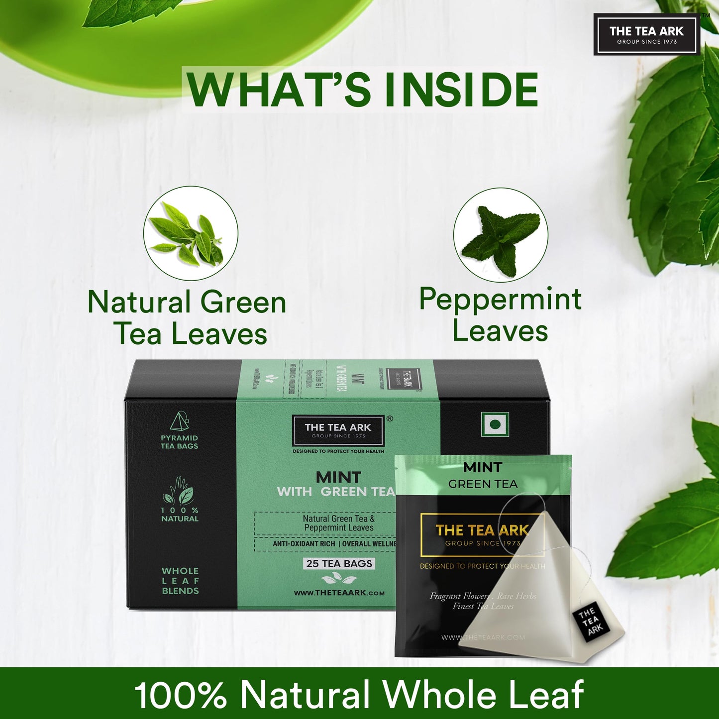 The Tea Ark Mint Green Tea Bags (25 Count) | Natural Herbal Whole Leaf Tea | Individually Wrapped Pyramid Tea Bags (25 Tea Bags, Mint Green)