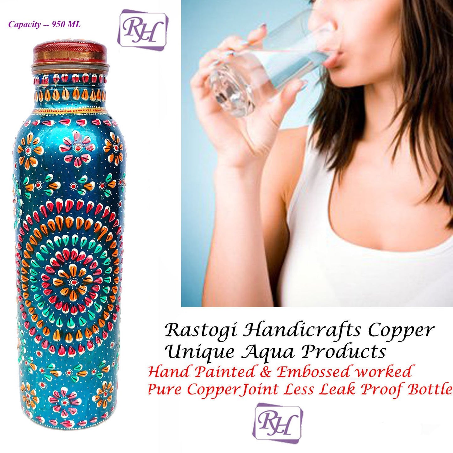 Rastogi Handicrafts Pure Copper Water Bottle For Ayurvedic Health Benefits (Joint Free & leak proof)