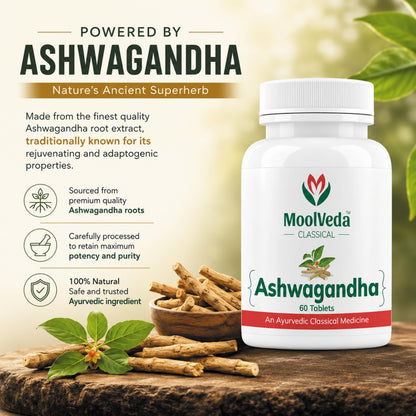 Moolveda Ashwagandha Tablets | Energy, Stress Relief and Immune Support | Improves Strength, Energy & Overall Wellbeing | Rejuvenates Mind & Body | 60 Veg Tablets (Pack Of 2)