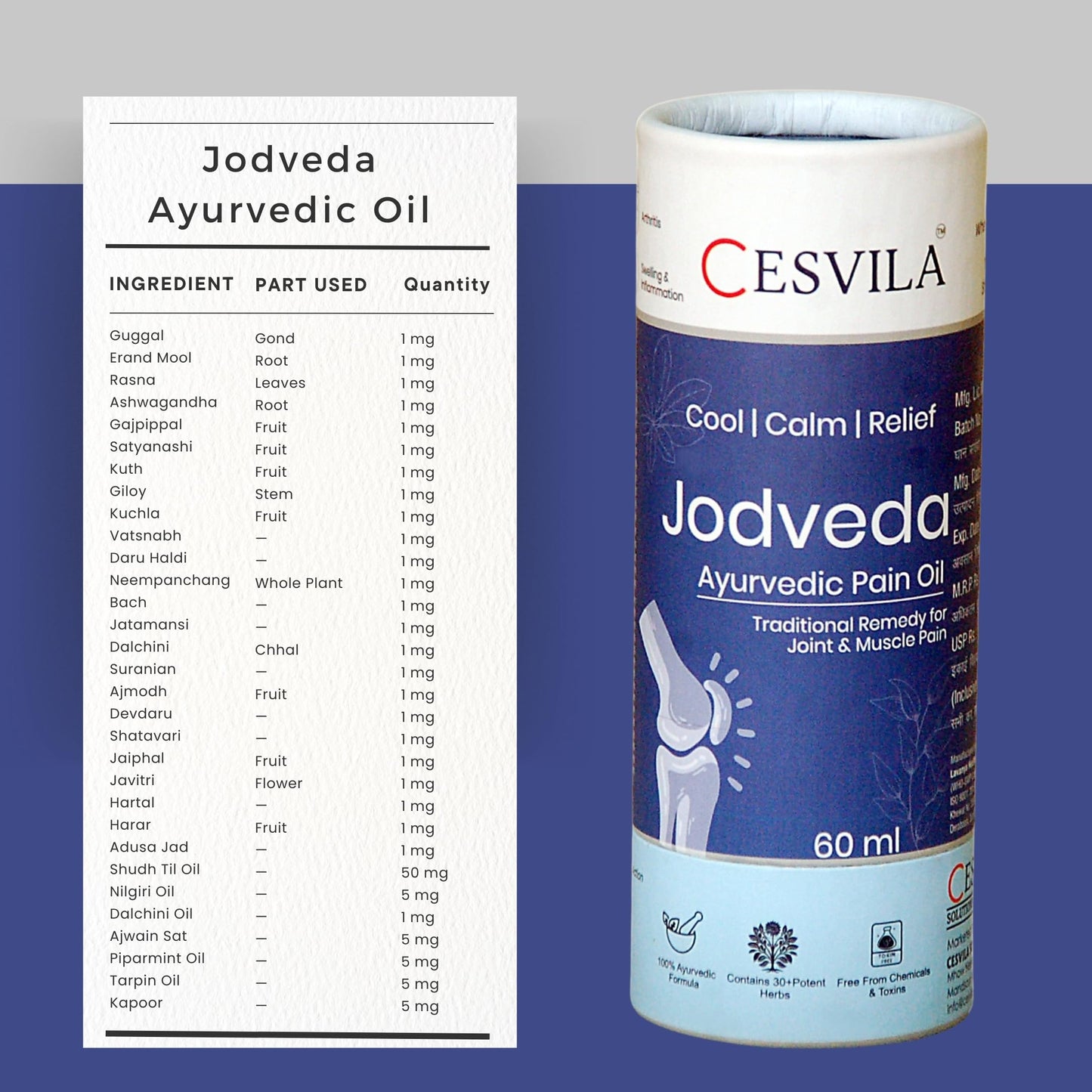 Jodveda Ayurvedic Pain Relief Oil 60 ml – Herbal Oil for Joint Pain, Knee Pain, Back Pain, Stiffness & Mobility Support – 30+ Ayurvedic Herbs – Non-Sticky & Quick Absorption