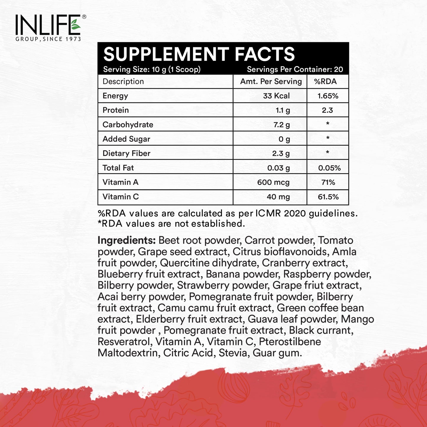 INLIFE Super Reds Powder | Antioxidant-Rich Superfood Supplement Drink Mix | 20 Super Fruits, Beets & Berries 200g (Super Reds)