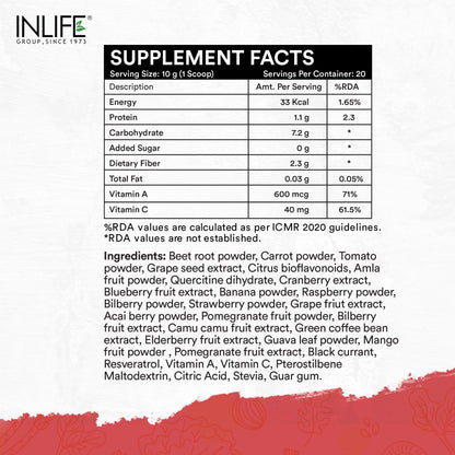 INLIFE Super Reds Powder | Antioxidant-Rich Superfood Supplement Drink Mix | 20 Super Fruits, Beets & Berries 200g (Super Reds)