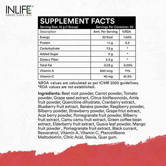 INLIFE Super Reds Powder | Antioxidant-Rich Superfood Supplement Drink Mix | 20 Super Fruits, Beets & Berries 200g (Super Reds)