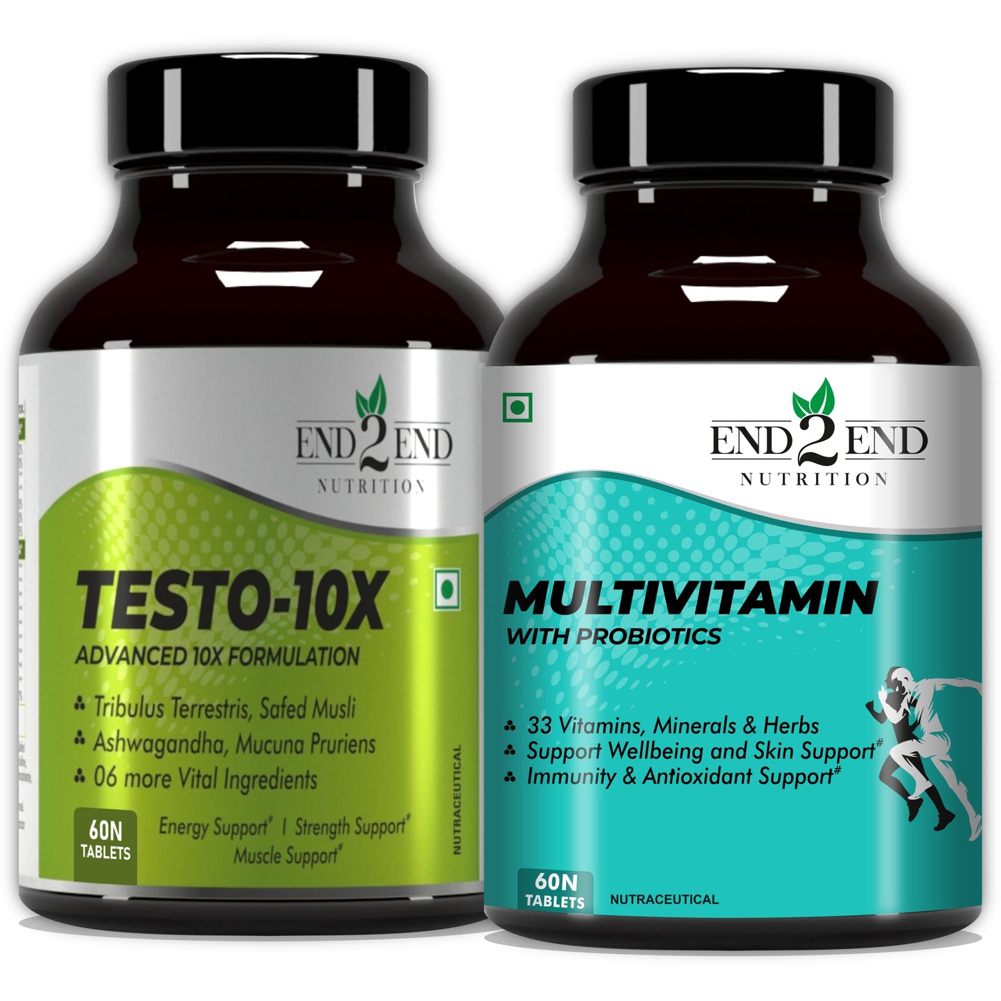 End2End Nutrition Testo 10X Natural Testosterone Booster Supplement and Multivitamin with Probiotics (Combo Pack) 60x2 Tablets