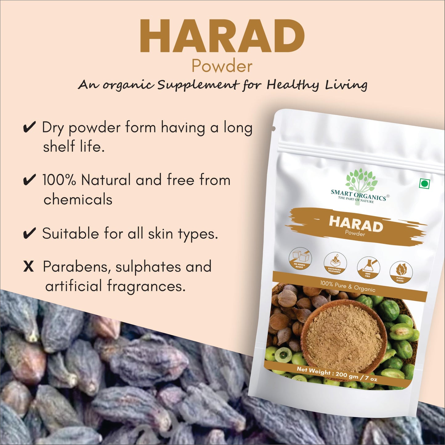 SMART ORGANICS Harad Powder for Digestion and Detox | Organic Jaivik Bharat Certified Terminalia Chebula | No Preservatives Haritaki Kadukkai Karakkaya Herbal Fruit Powder (200 Gram)