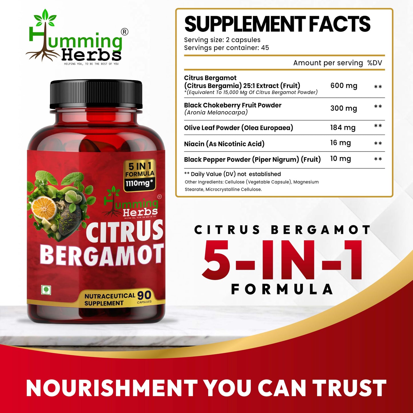 Humming Herbs Citrus Bergamot Capsules 15500mg | Supports Healthy Cholesterol & Heart Function | Enriched with Black Chokeberry, Olive Leaf & Black Pepper | 180 Veg Capsules | Pack Of 2