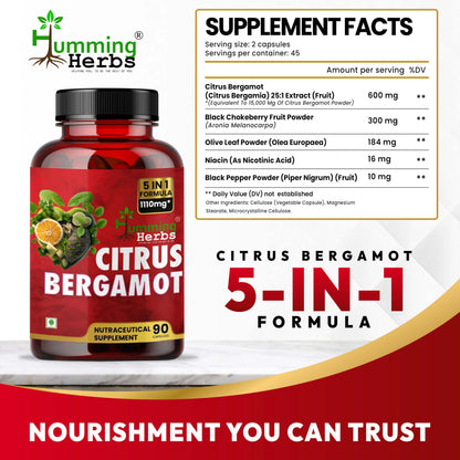 Humming Herbs Citrus Bergamot Capsules 15500mg | Supports Healthy Cholesterol & Heart Function | Enriched with Black Chokeberry, Olive Leaf & Black Pepper | 180 Veg Capsules | Pack Of 2