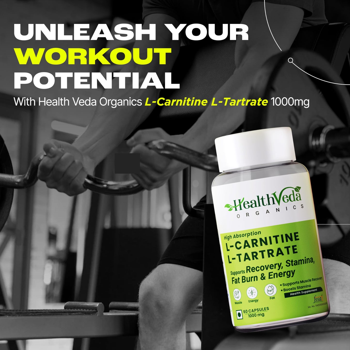 Health Veda Organics L-Carnitine L-Tartrate 1000 mg | 60 Veg Capsules (Pack of 2)| Pre-Workout Support for Energy & Muscle Recovery | For Men & Women