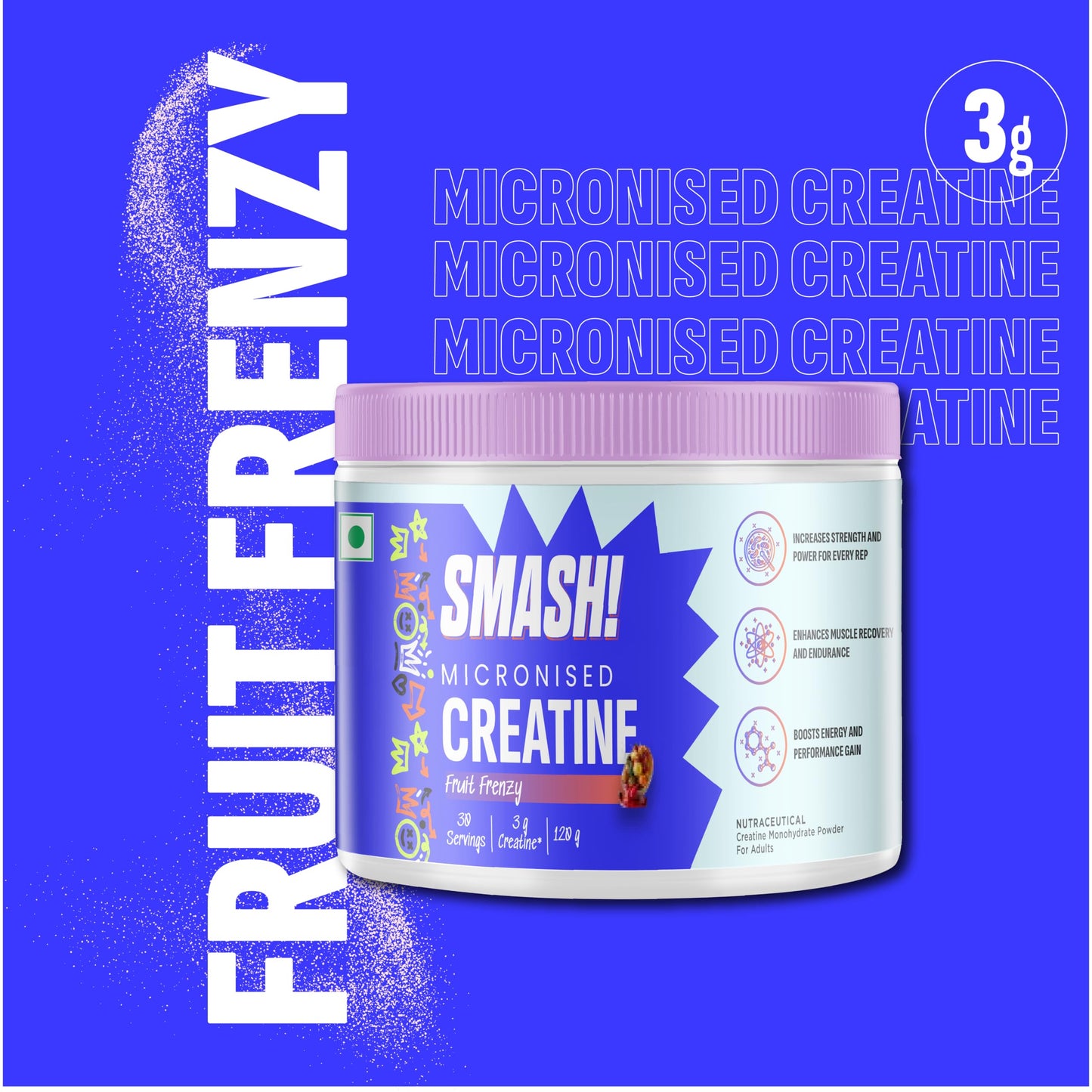 SMASH Micronised Creatine Monohydrate Powder, Fruit Frenzy (30 Servings, 120g)