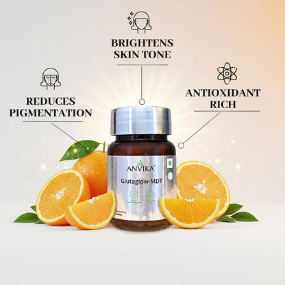 Anvika Glutaglow Glutathione Tablets For Skin Health | Skin Brightening Glutathione Tablet | Reduces Pigmentation | Enhances Skin Tone | Antioxidant Rich Nutraceutical Supplement (Orange Flavour 30 Tablet)
