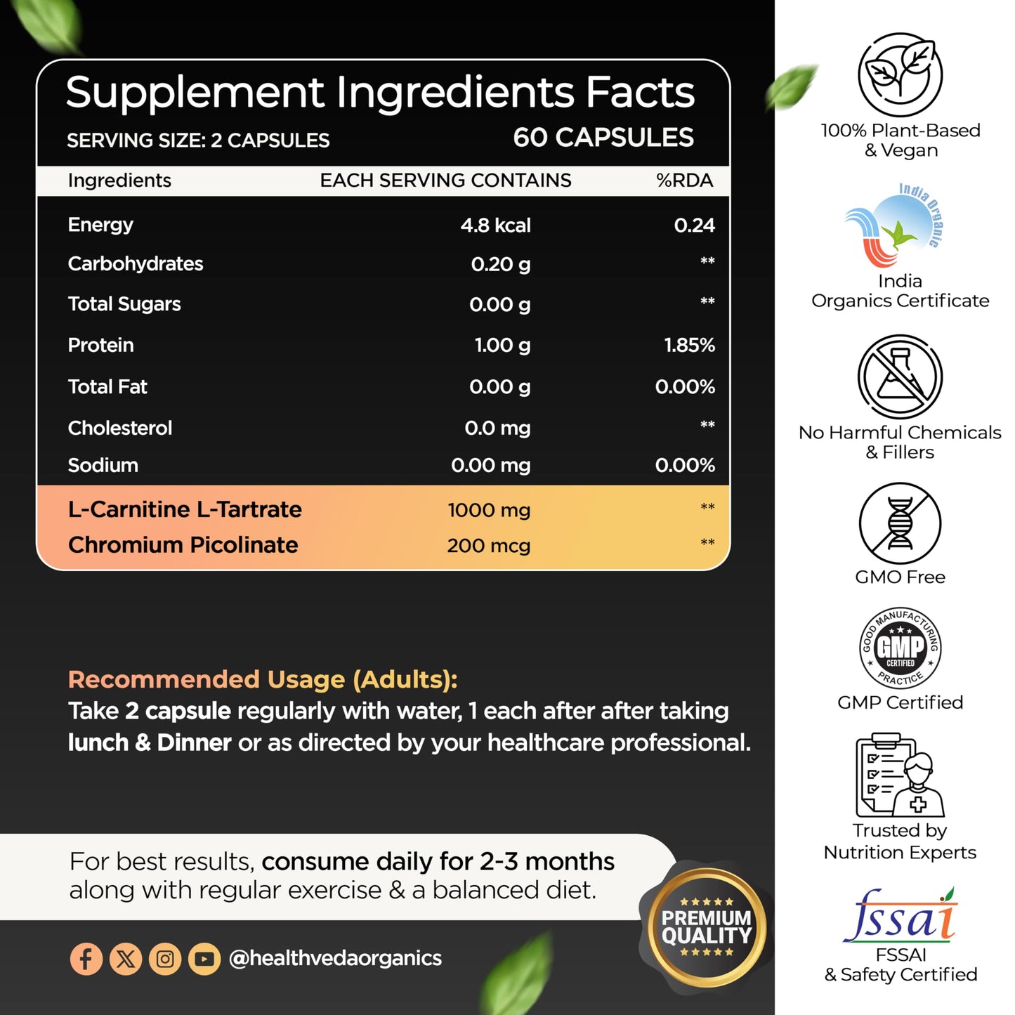Health Veda Organics L-Carnitine L-Tartrate 1000 mg | 60 Veg Capsules (Pack of 2)| Pre-Workout Support for Energy & Muscle Recovery | For Men & Women