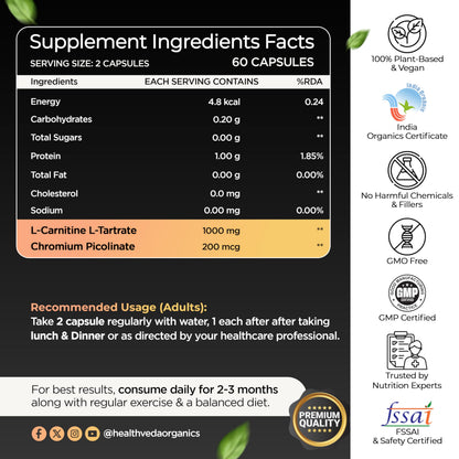 Health Veda Organics L-Carnitine L-Tartrate 1000 mg | 60 Veg Capsules (Pack of 2)| Pre-Workout Support for Energy & Muscle Recovery | For Men & Women