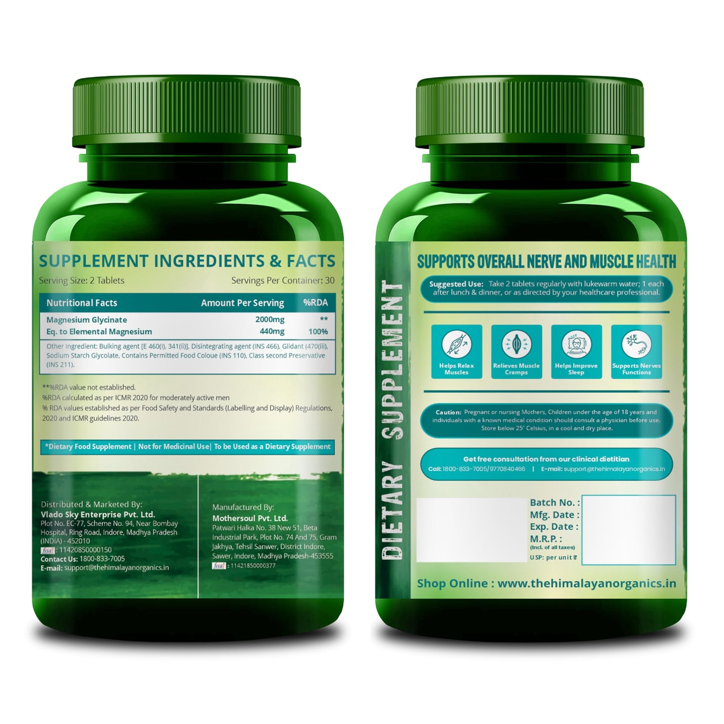 Vlado's Himalayan Organics Chelated Magnesium Glycinate Supplement 2000mg Per Serving | Magnesium Supplement Supports | Clinically Approven | Muscle Recovery & Better Sleep - 60 Veg Tablets