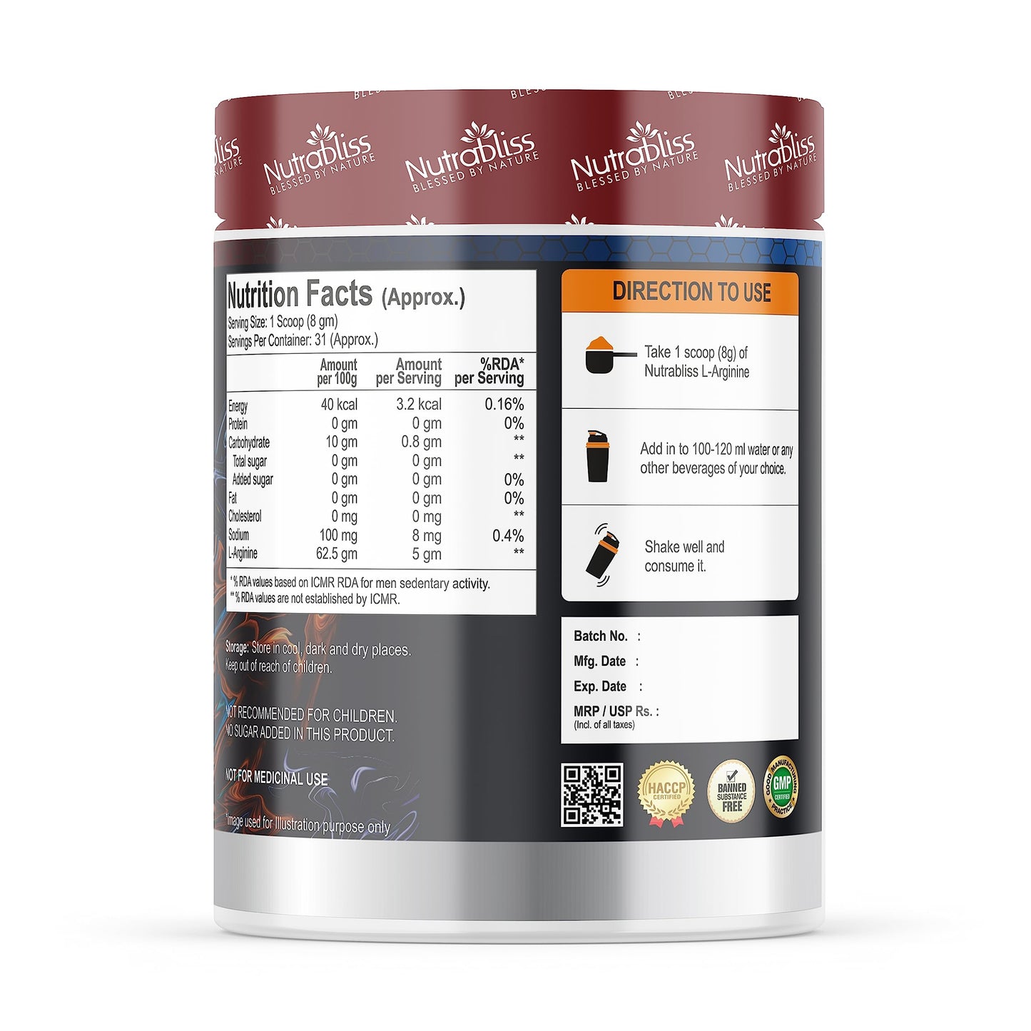 Nutrabliss L-Arginine 5000mg | Boost Nitric Oxide Levels, Enhance Muscle Recovery, Support Blood Circulation & Maintain Muscle Tissue, Amino Acid Supplement for Energy | 250 Gm Orange Flavor