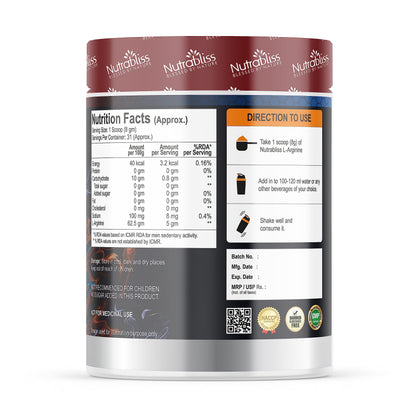Nutrabliss L-Arginine 5000mg | Boost Nitric Oxide Levels, Enhance Muscle Recovery, Support Blood Circulation & Maintain Muscle Tissue, Amino Acid Supplement for Energy | 250 Gm Orange Flavor