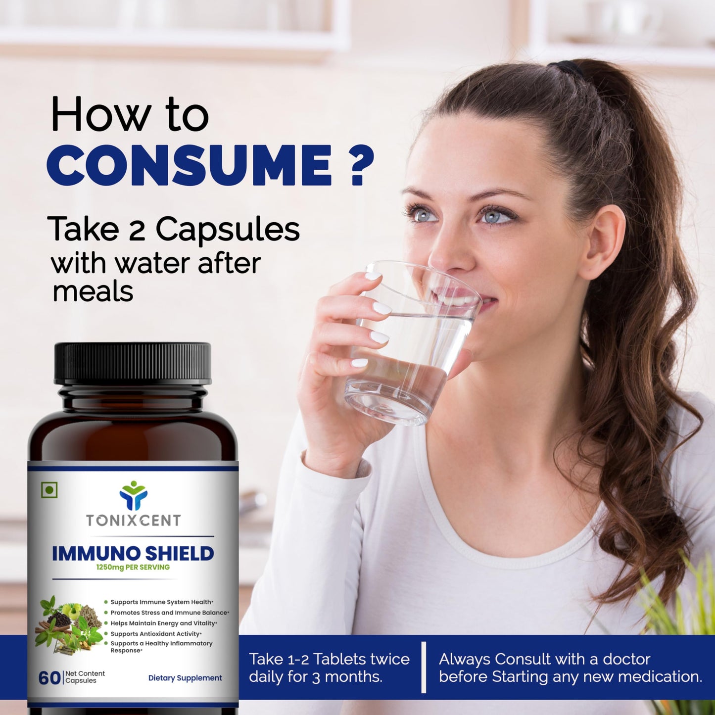 TONIXCENT Immuno Shield Capsules for Men & Women | 1250mg | With Amla, Ashwagandha, Giloy, Tulsi, Shatavari | Boosts Immunity, Energy & Antioxidant Support | 60 Veg Capsules
