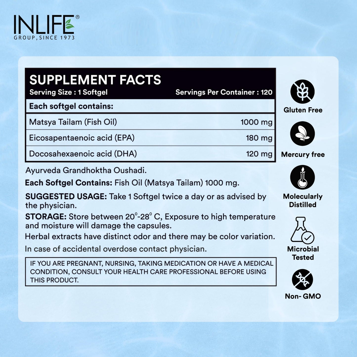 INLIFE Fish Oil Omega 3 Capsule 1000mg | Molecularly Distilled Highly Concentrated Supplement - 120 Softgels