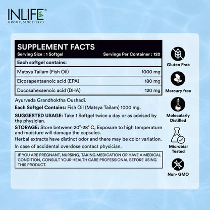 INLIFE Fish Oil Omega 3 Capsule 1000mg | Molecularly Distilled Highly Concentrated Supplement - 120 Softgels