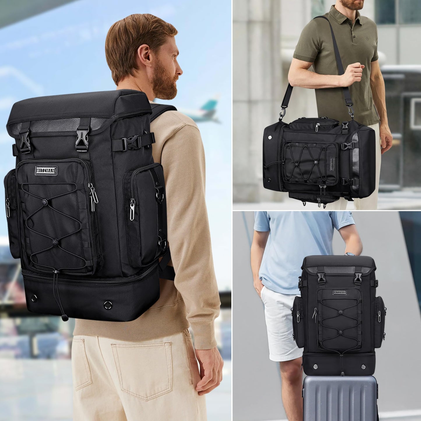 WITZMAN Travel Backpack for Men Carry on Bags for Airline Approved Convertible Duffle Luggage Backpack with Shoe Compartment（B691 Black）