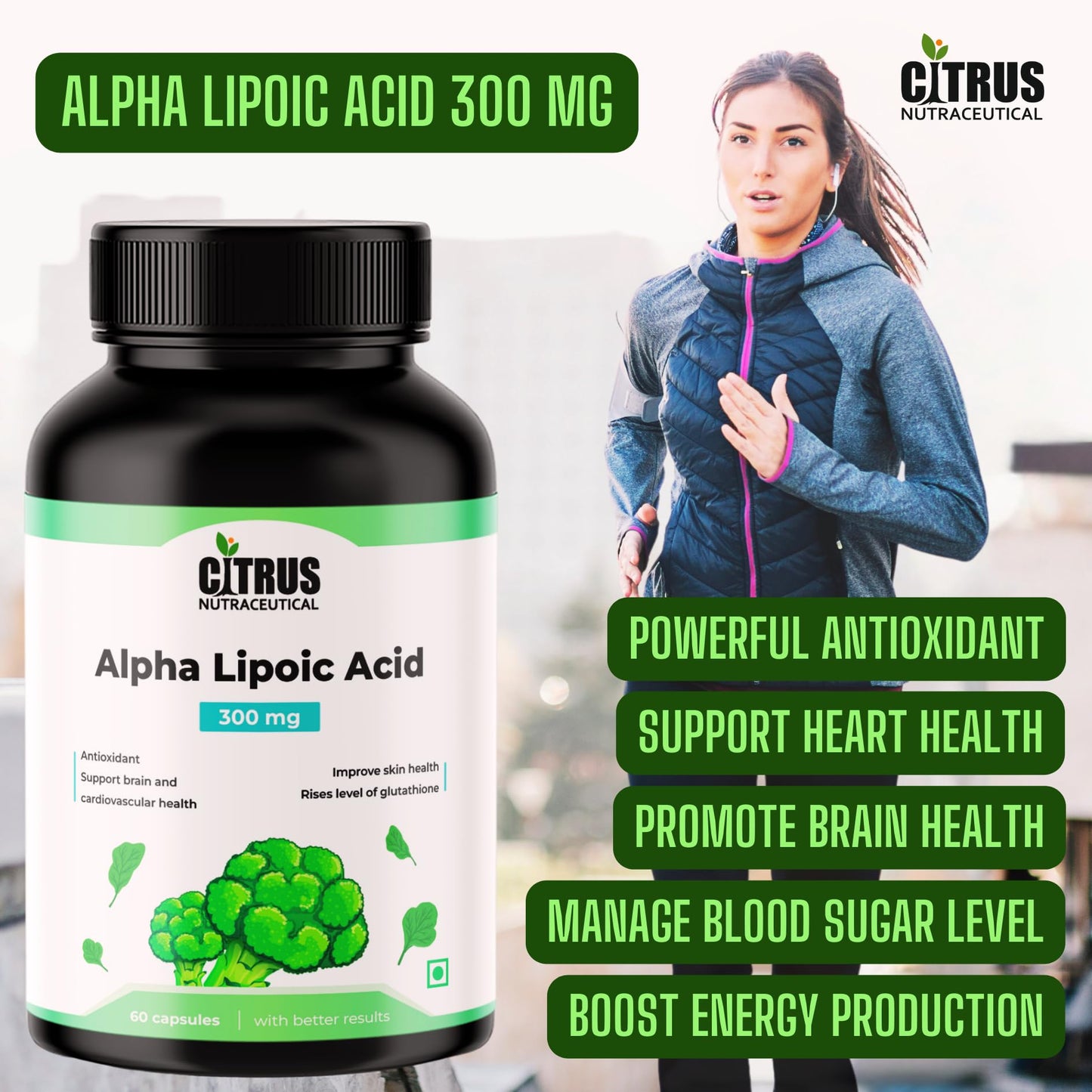 CITRUS NUTRACEUTICAL Alpha Lipoic Acid 300 mg, Glucose metabolism, Support Liver, Skin, Brain, Nervous System Health- 60 Capsules
