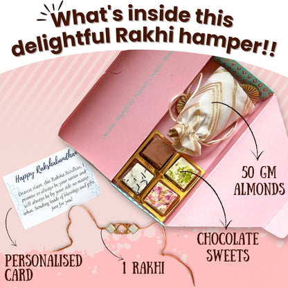 THE SWEET BLEND Raksha Bandhan - Rakhi Gift Hamper Box with Chocolate Sweets, Almonds, Semi-Precious Stone Rakhi & Personalized Card for Brother