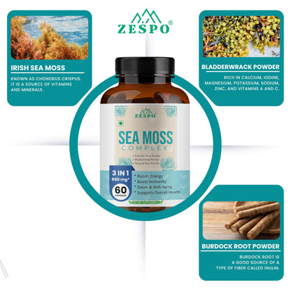 Zespo Sea Moss Complex Capsules with Irish Moss, Bladderwrack, and Burdock Root - Natural Thyroid, Digestive, and Skin Health Support - Rich in Nutrients - 60 Cap