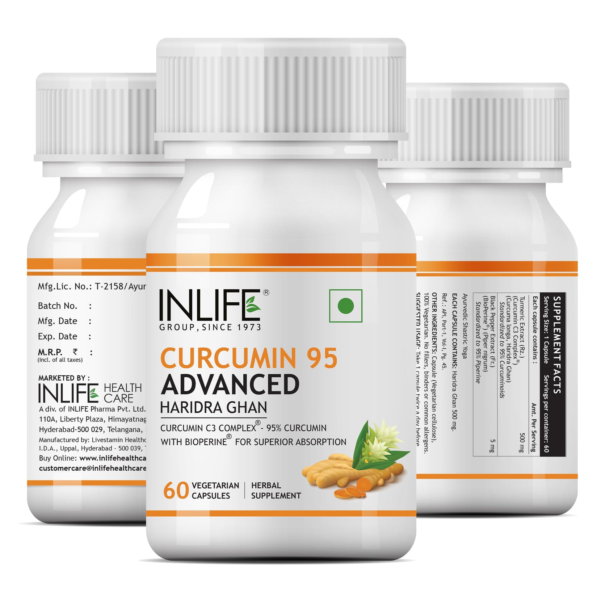 INLIFE Curcumin C3 Complex (95% Curcuminoids) 500 mg Turmeric with BioP- image 3