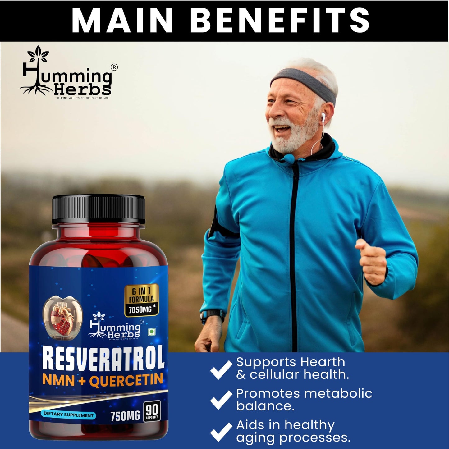 Humming Herbs Resveratrol 90 Cap | Trans-Resveratrol 98% Highly Purified And Bioavailable With Nmn, Quercetin, Fisetin And Spermidine Natural Antioxidants To Support Weight Management, Non-Gmo